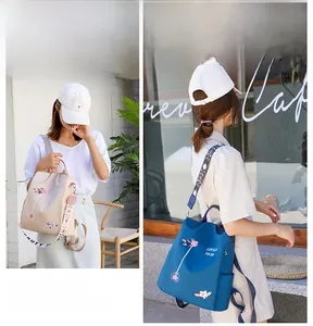 Detailed close-up of embroidery and adjustable woven straps on stylish women's backpacks