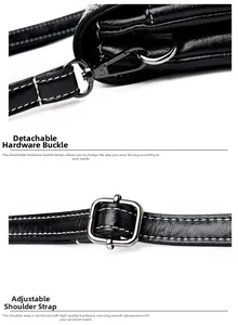 Detail of adjustable strap with metallic hooks and contrast white stitching on black bag