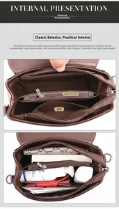 Detail view of the brown leather crossbody bag showing inner compartments and large capacity