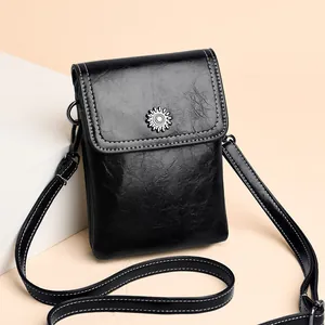 Vintage PU Leather Mobile Phone Bag Sunflower Buckle Contrast Stitching Small Crossbody Shoulder Bag For Women Daily Use