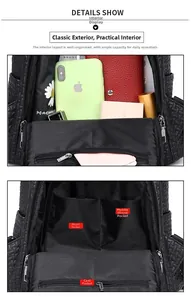 Detailed view of the black backpack interior featuring multiple functional storage pockets