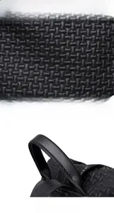 Close-up of black backpack featuring fine woven leather texture and reinforced handle