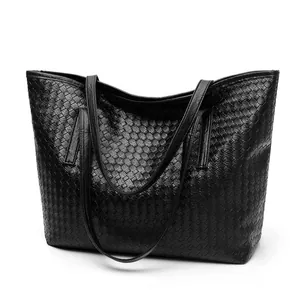Classic black woven tote bag for women with large capacity and minimalist design