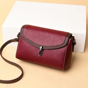 Classic burgundy litchi pattern leather crossbody square bag with contrast stitching