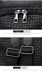 Macro detail of high-quality metal zippers and adjustable buckles on a black backpack