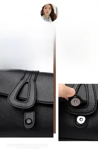 Détail de la texture cuir grainé noir et boucle magnétique sur le sac à rabat femme
