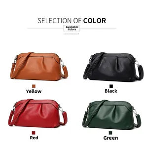 Detailed grid view of four cross-body bags in yellow, black, red, and green textured leather