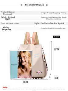 Detailed dimensions of beige oxford backpack with floral embroidery and multi-way straps