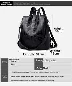 Detailed size parameters and internal structure of black pebbled leather travel backpack