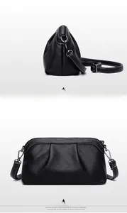 Detailed front and back views of a black lychee texture leather crossbody bag