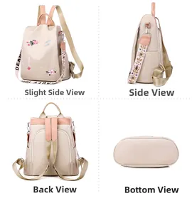 Detail views of beige oxford backpack featuring floral embroidery and anti-theft back pocket
