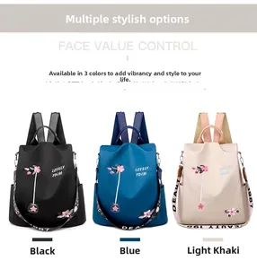 Three colors of waterproof oxford backpacks with floral embroidery and printed straps
