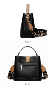 Detailed side and back views of black bucket bag with lychee grain leather texture