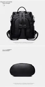 Macro view of black lychee leather backpack showing rear straps and thick oval base