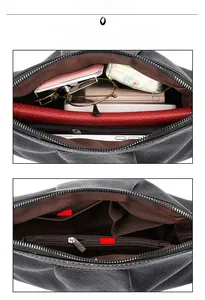 Interior view of black leather crossbody bag with multiple slots and zipper pocket