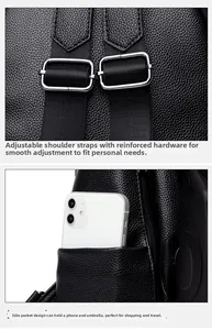 Detail of adjustable straps and side pocket on a black litchi pattern leather backpack