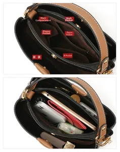 Detailed interior view of a contrast leather bucket bag showing organized compartments
