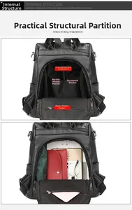 Detailed view of large capacity black leather backpack with organized interior pockets