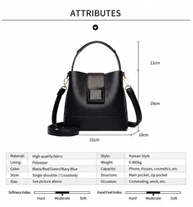 Detail showing dimensions and black pebbled leather texture of the stylish bucket bag