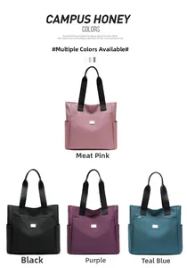 Nylon tote bag details in pink, black, purple, and blue with functional side pockets
