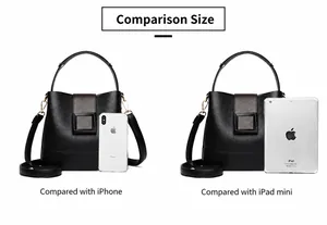 Black bucket bag size comparison with smartphone and tablet showing large capacity