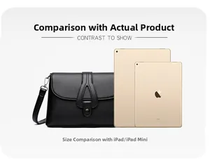 Comparaison de taille du sac bandoulière en cuir noir avec iPad et iPad Mini