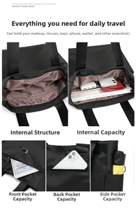 Internal structure showing large capacity compartments of the black nylon tote bag