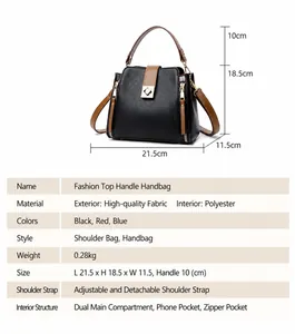 Detaillierte Größentabelle und Innenstruktur der schwarzen Leder-Beuteltasche