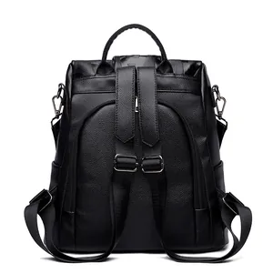 Back view of black leather fashion backpack with adjustable straps and hidden anti-theft pocket