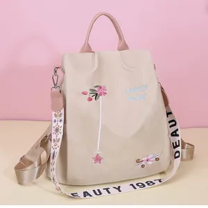 Women Fashion Oxford Cloth Backpack Floral Embroidery Anti-Theft Large Capacity Travel Bag With Patterned Shoulder Strap