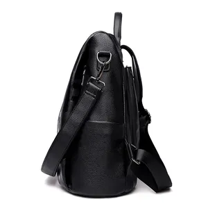 Fashionable black lychee textured leather backpack for women with silver metal hardware