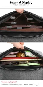 Structure interne du sac bandoulière en cuir noir montrant les compartiments pour tablette