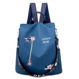 Navy blue oxford fabric women's backpack with floral embroidery and large capacity