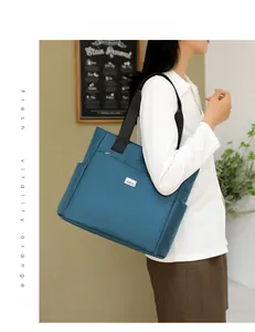 Detailed view of the dark blue nylon tote bag with durable wide shoulder straps
