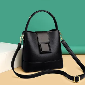 Women Litchi Grain PU Leather Bucket Bag Contrast Color Square Buckle Handbag Adjustable Shoulder Strap Crossbody Bag