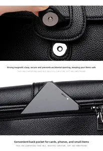 Détail du sac en cuir avec fermoir magnétique et poche arrière zippée pour téléphone