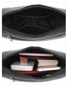 Detail view of black pebble leather crossbody bag showing interior storage capacity
