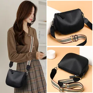 Classic black PU leather saddle bag with striped wide shoulder strap for women