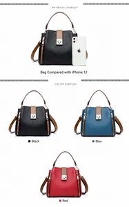 Größenvergleich zwischen dem Bucket Bag und dem iPhone 12 in Schwarz, Blau und Rot