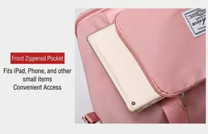 Dettaglio tasca frontale con zip di borsa da viaggio rosa per tablet e oggetti