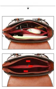 Détails de l'intérieur du sac à bandoulière montrant deux poches et un compartiment zippé