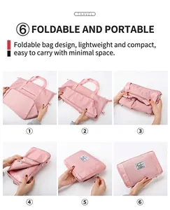Passaggi dettagliati del design pieghevole di questa borsa da viaggio in nylon rosa