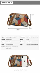 Detail view of colorful geometric crossbody bag showing exact dimensions 25x7x15cm