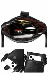 Vue détaillée du mini sac téléphone avec poche magnétique avant et pochette zippée arrière
