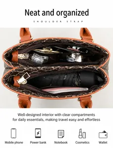 Detailansicht der großen braunen Vintage-Tasche mit Fokus auf die Innenraumaufteilung