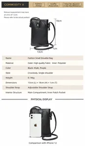 Guide des tailles pour mini sac bandoulière de 13x18x1cm avec détails de la bandoulière