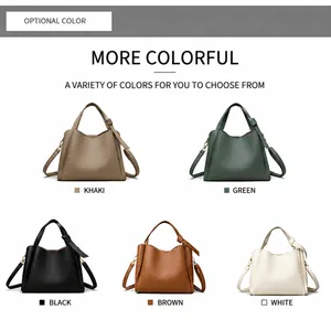 Griglia dettagliata di cinque borse in pelle morbida in nero, bianco, marrone, kaki e verde