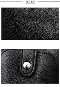 Détail de la texture cuir grainé noir et du bouton pression en métal argenté brillant