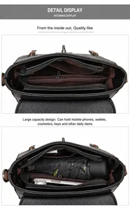 Detailweergave van de zwarte leren tas interieur met vakken en opbergcapaciteit
