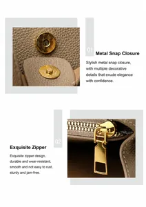 Dettaglio della chiusura magnetica dorata e del tirante della zip sulla borsa in pelle beige